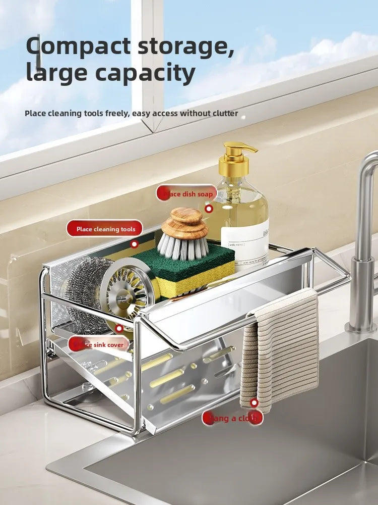 Stainless steel sponge rack sink drain rack Multifunctional countertop rag storage rack Sponge storage rack kitchen supplies