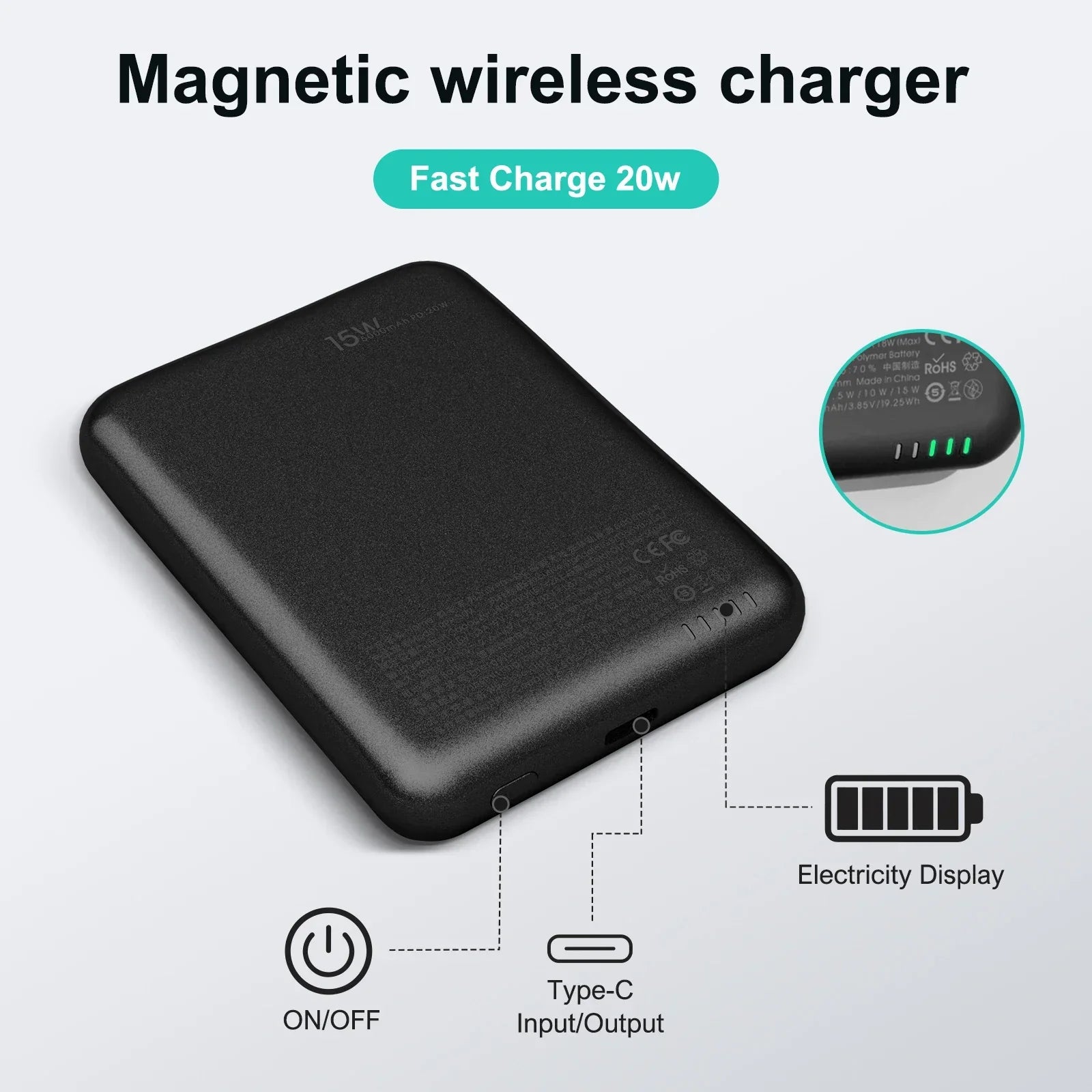Magnetic Power Bank Portable 5000mAh Wireless Charger 20W With USB-C Cable For IPhone 16/15/14/13/12 Pro/Pro Max/Plus/Mini - Evallys.com