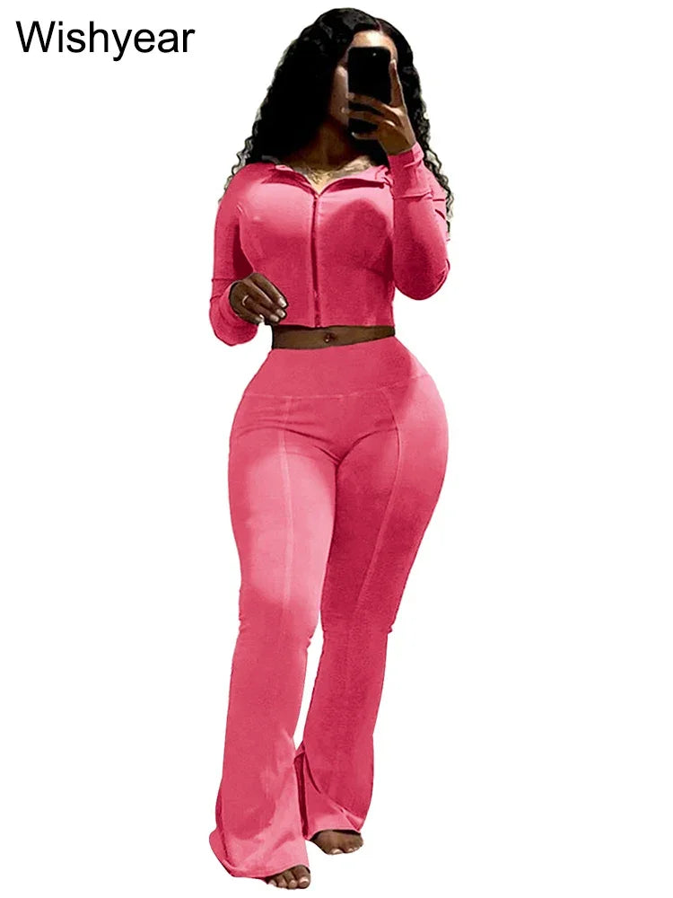 Sportswear Wash Retro Two 2 Piece Pants Set Sales Fall Winter Women Hoodies Jacket and Flared Trousers Suit Athletic Pink Outfit - Evallys.com