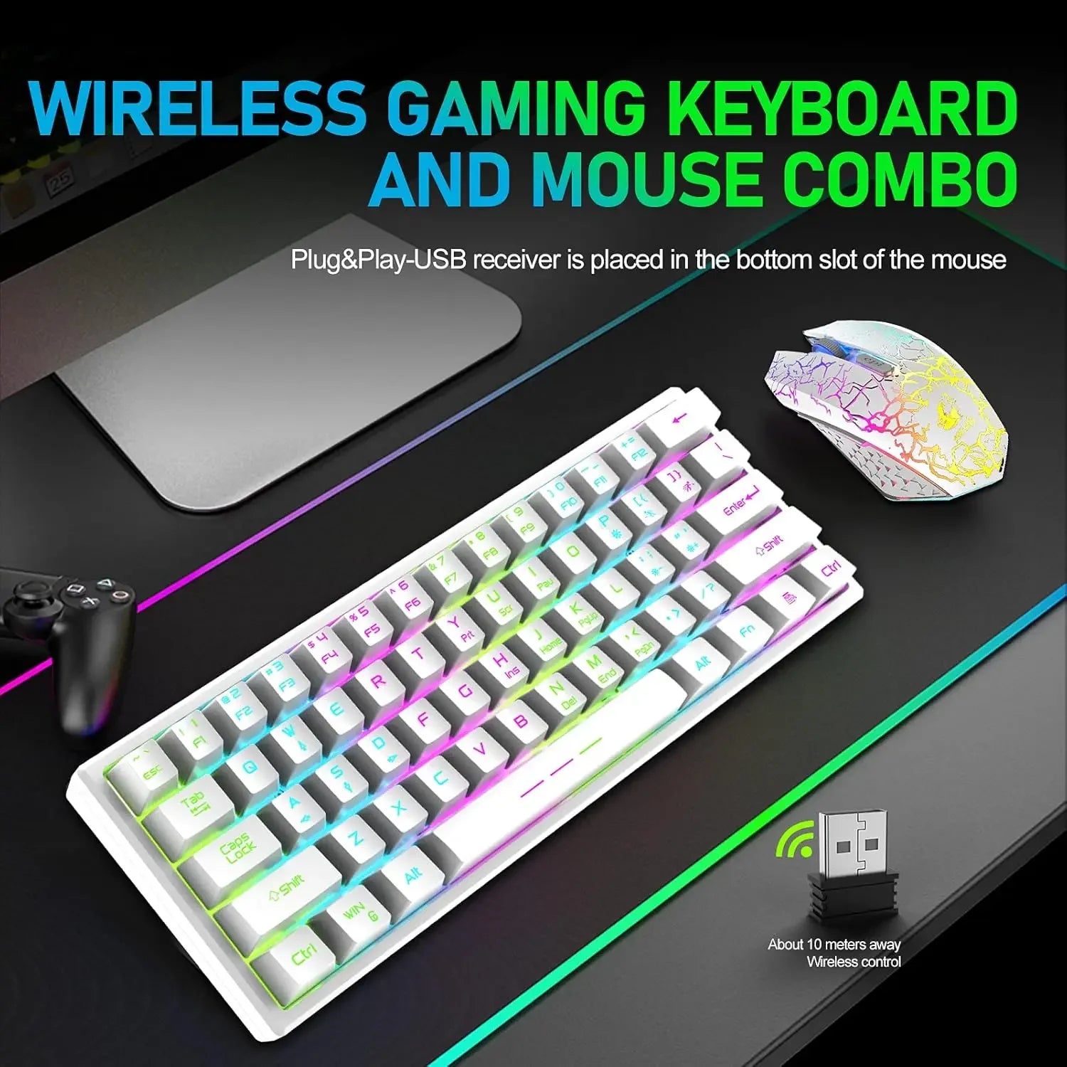T61 Wireless Gaming Keyboard and Mouse Combo, Ergonomic 61 Key Rainbow LED Backlight Rechargeable 4000mAh Battery Mouse Pad - Evallys.com