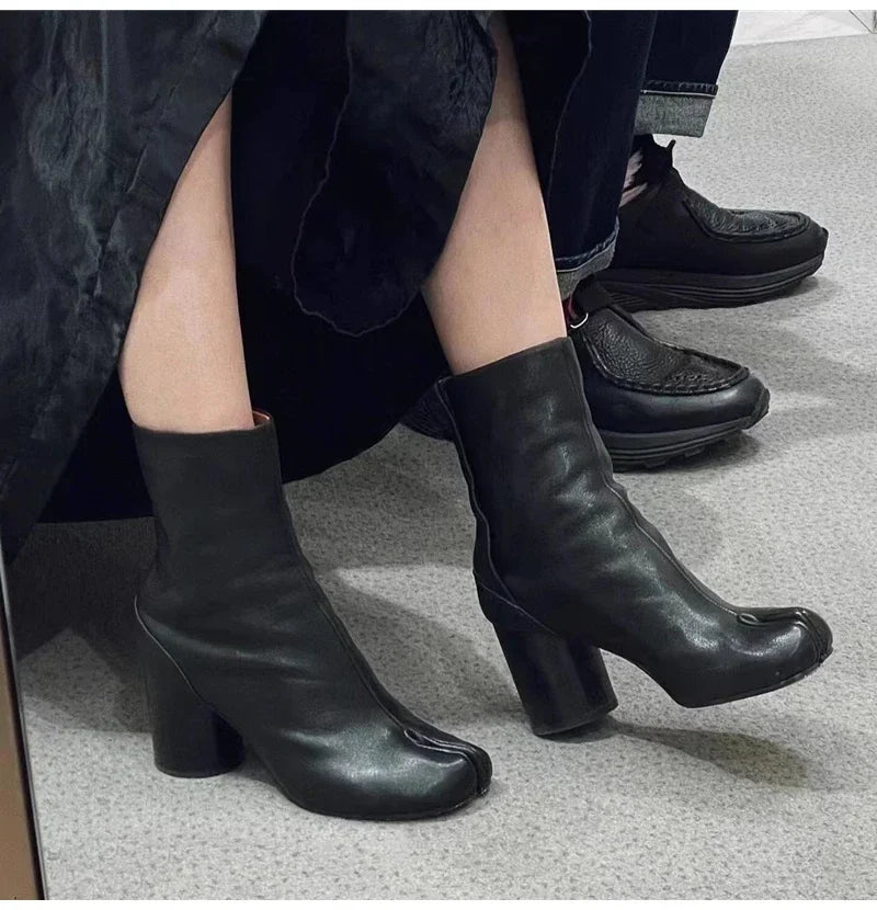 2024 Autumn Winter Soft Leather Split toe Tabi Women Ankle Boots Fashion Thick High heels Chunky Shoes Ins Style Short Booties - Evallys.com