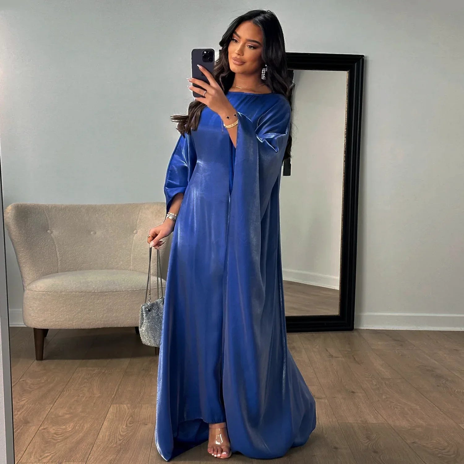 Eid Ramadan Batwing Butterfly Satin Abaya Dubai Luxury Muslim Kaftan Maxi Dress Women Kebaya Robe Caftan Marocain Femme Vestidos - Evallys.com
