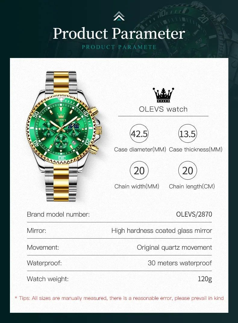 OLEVS Men's Watches Top Brand Luxury Watch for Men Original Waterproof Stainless Steel Chronograph Moon Phase Date Rota Dial - Evallys.com