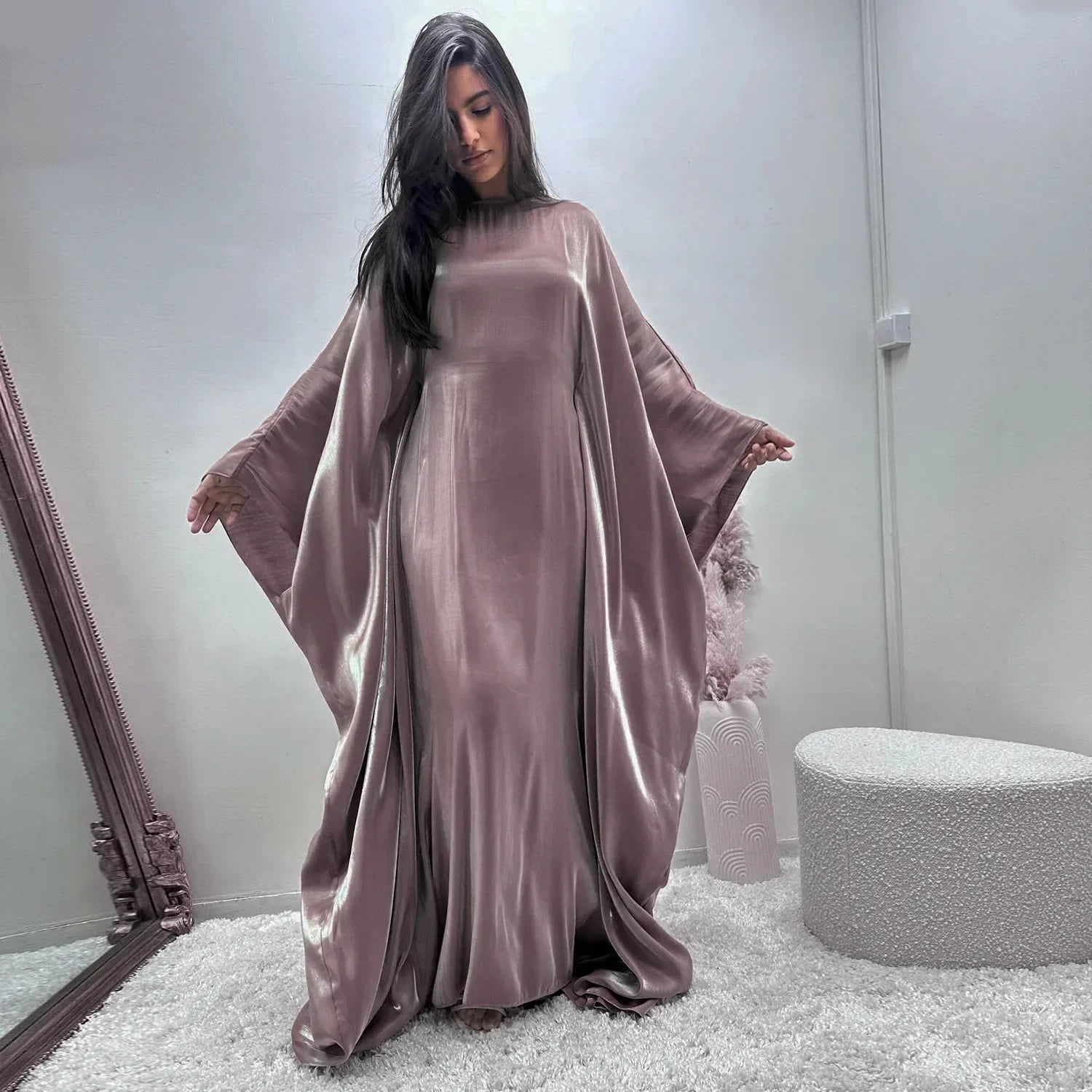 Eid Ramadan Batwing Butterfly Satin Abaya Dubai Luxury Muslim Kaftan Maxi Dress Women Kebaya Robe Caftan Marocain Femme Vestidos - Evallys.com