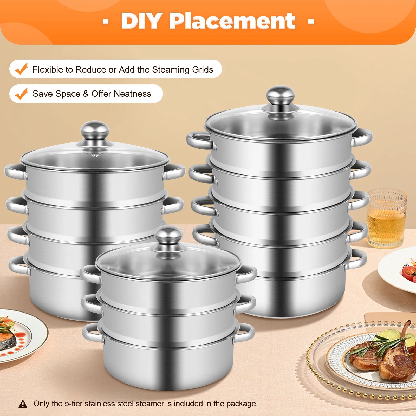 26CM 5 Tier Stainless Steel Steam Cooker Steamer Food Vegetable Pot Kitchen