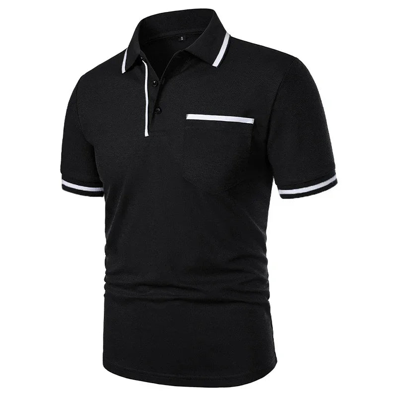 New Men's Short Sleeve Polo Shirts Solid Color Casual T-shirt Summer Trendy Breathable Loose Basic Splice Top Pockets Men Shirts - Evallys.com