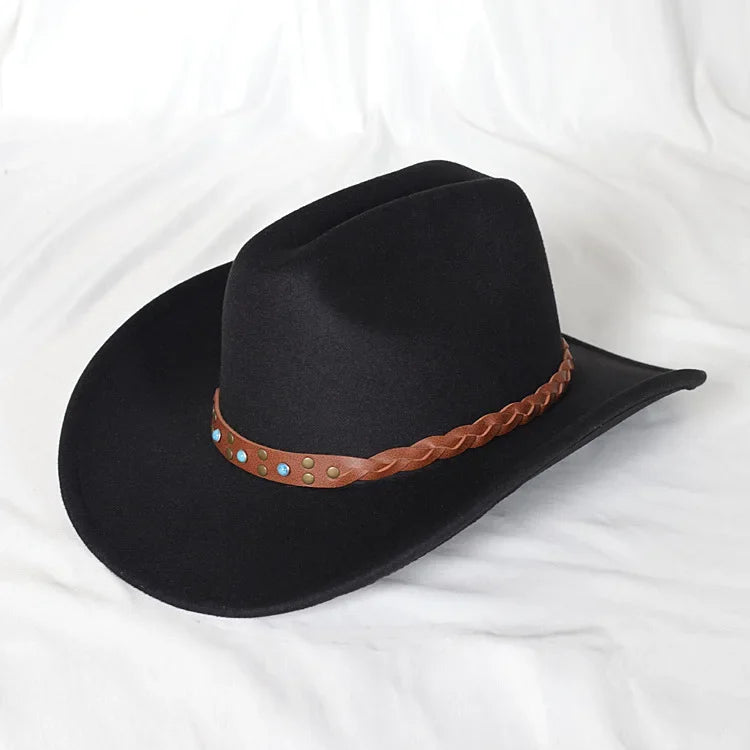 Vintage Western Cowboy Hat – Unisex Wide Brim Leather Jazz Cap - Evallys.com