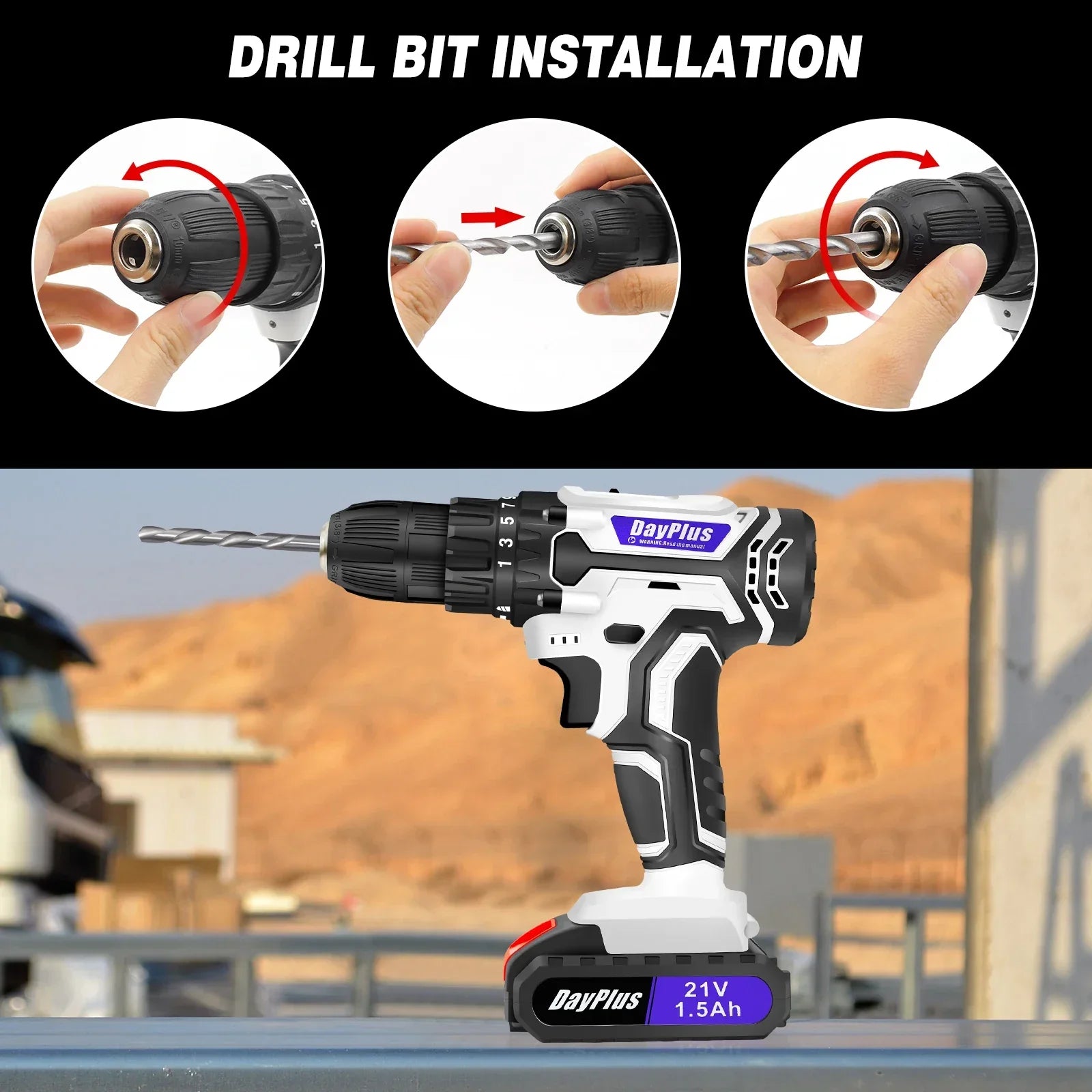 21V Portable Cordless Power Drill Set Impact Screw Driver with 1500mAh Li-Ion Rechargeable Battery 25+1 Torque Setting 45N.m - Evallys.com