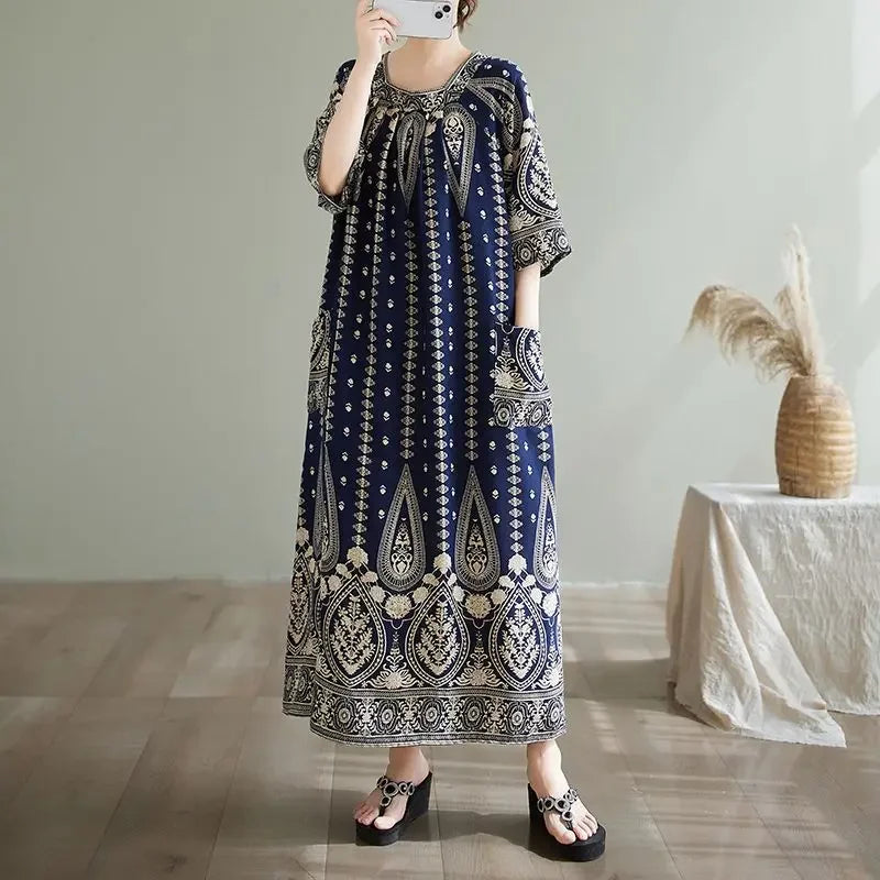 Summer Ethnic Print Dress with Pockets – Loose Mid-Calf Casual Wear - Evallys.com