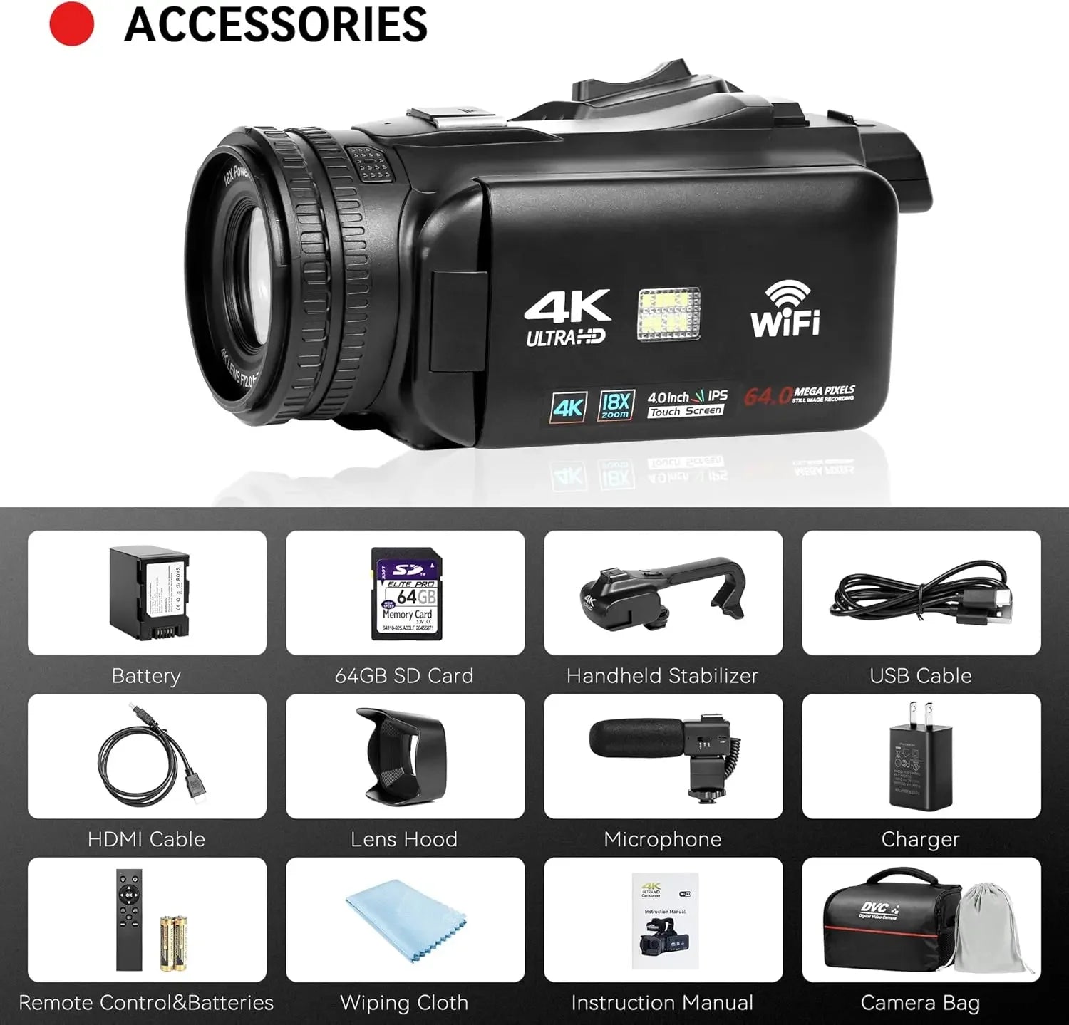 UHD 4k Video Camera Camcorder with 18X Digital Zoom,64MP Digital Camera Recorder,4.0-inch Rotating Touchscreen,64GB SD Card,Micr - Evallys.com