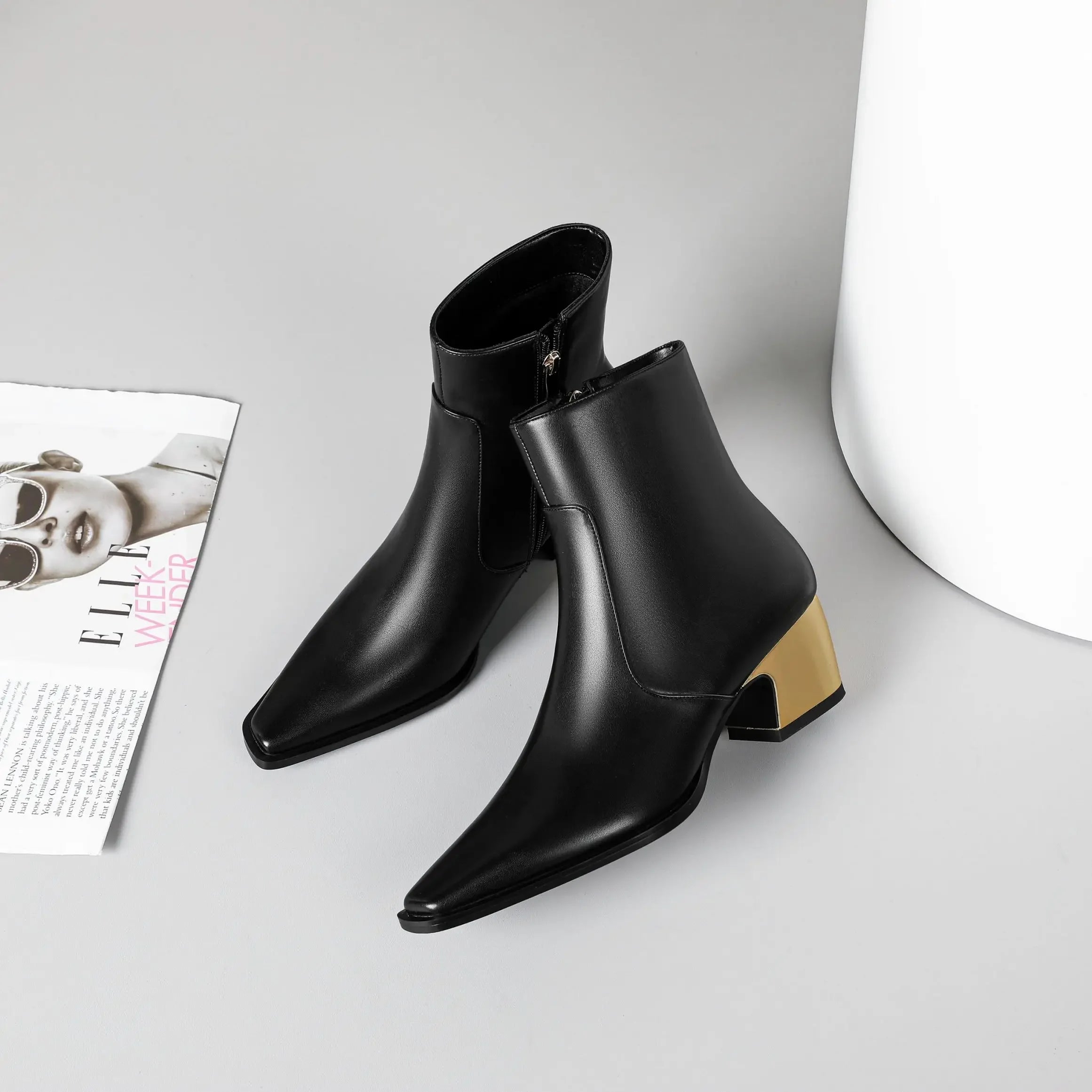 Booties for Women Wide Calf Gold Chunky Heel Elegant Dress Boots - Evallys.com