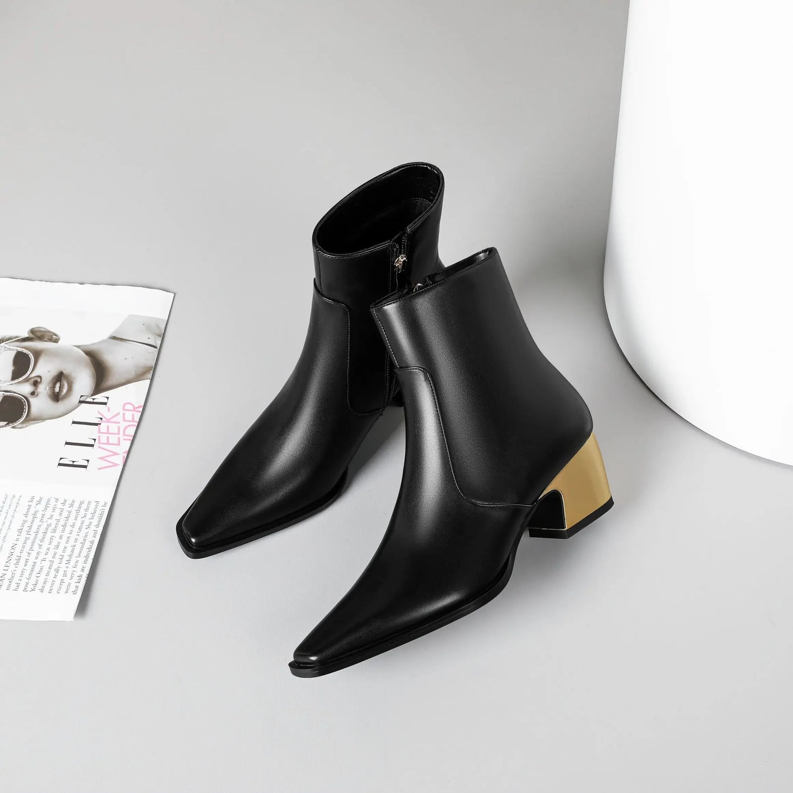 Booties for Women Wide Calf Gold Chunky Heel Elegant Dress Boots - Evallys.com