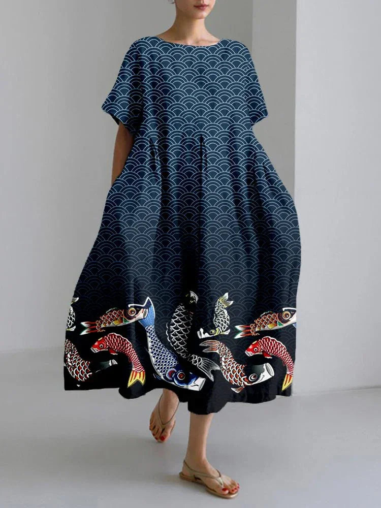 2024 Women’s Summer Fish Print Dress – Casual Loose Mid-Calf Dress - Evallys.com