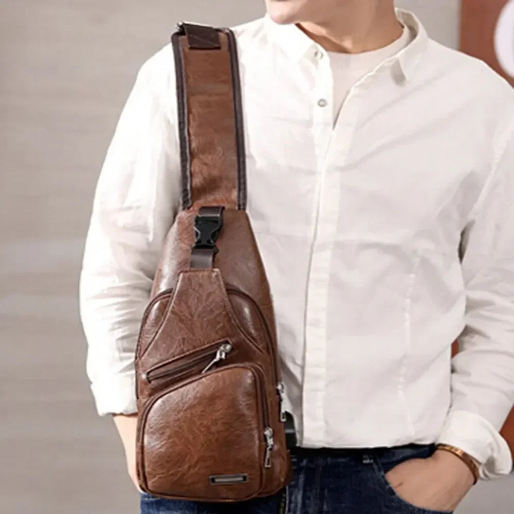 Men’s PU Leather Chest Bag – USB Charging Travel Crossbody Messenger - Evallys.com