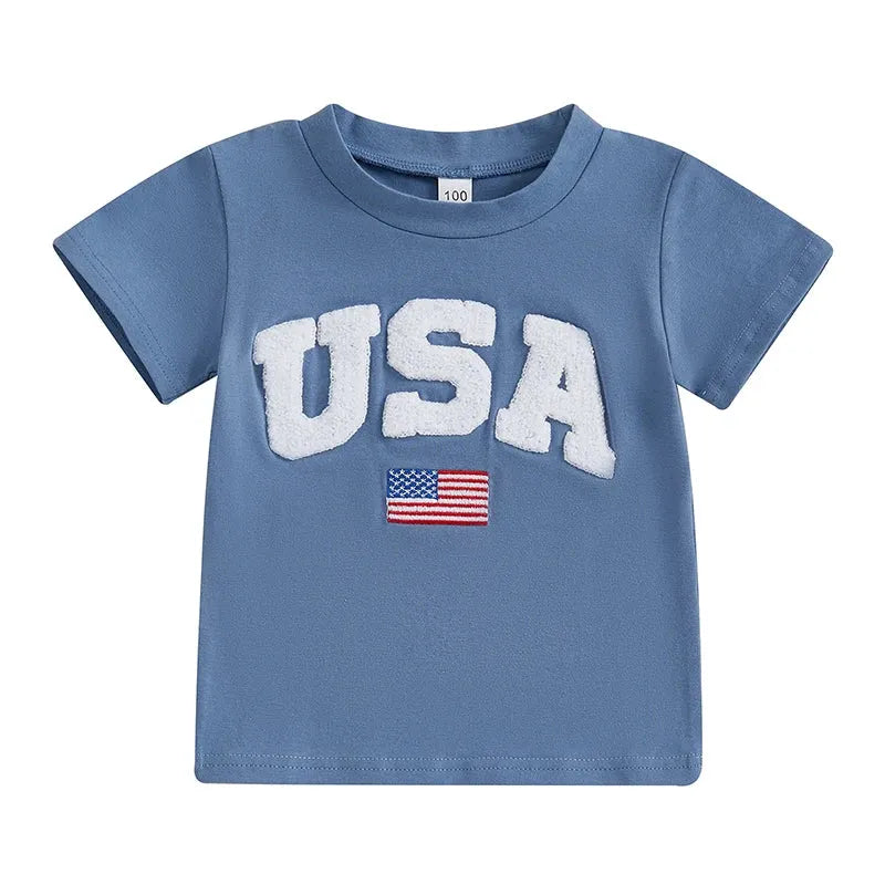 Independence Day Kids T-Shirt with USA Flag Embroidery Patriotic Short Sleeve Tee for Boys Loose Fit Summer Top - Evallys.com