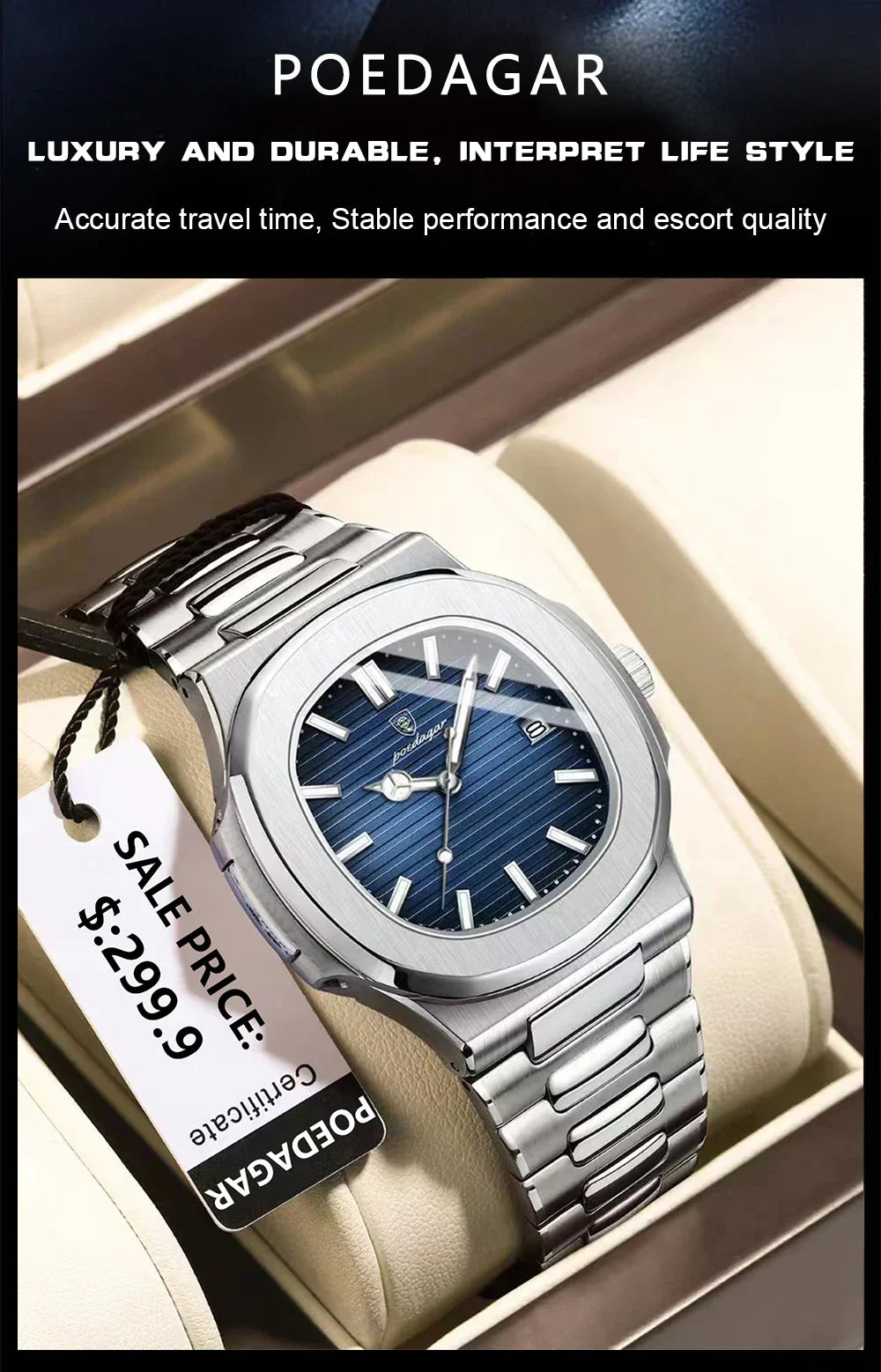 POEDAGAR Luxury Casual Watch Top Brand Fashion Square Dial Stainless Steel Calendar Luminous Waterproof Men Watch Male Clock+Box - Evallys.com