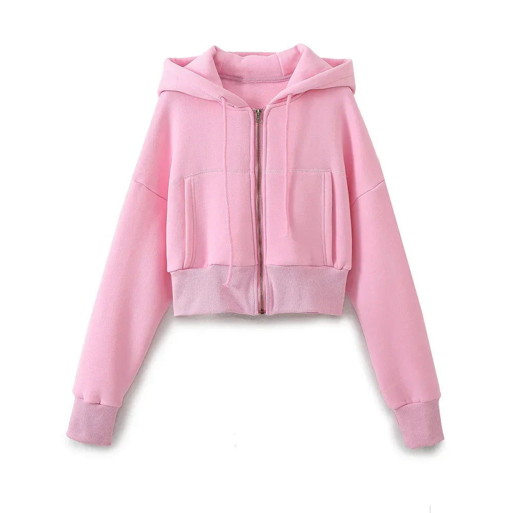 TRAF 2024 Spring Female Casual Hoodies Zipper Coats+Elastic Waist Baggy Pants 2 Pieces Set Elegant Loose Solid Pink Grey Pants - Evallys.com
