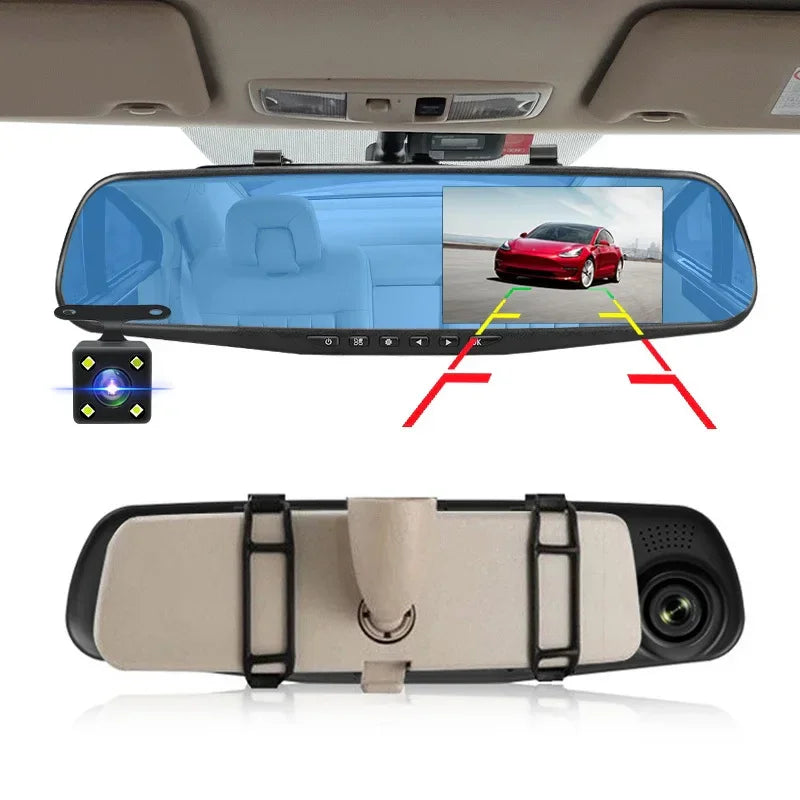 Dashcam 4.3Inch 1080P IPS Car DVR Driving Recorder Rearview Mirror Dual Lens Car Recorder Front and Rear Black Box - Evallys.com