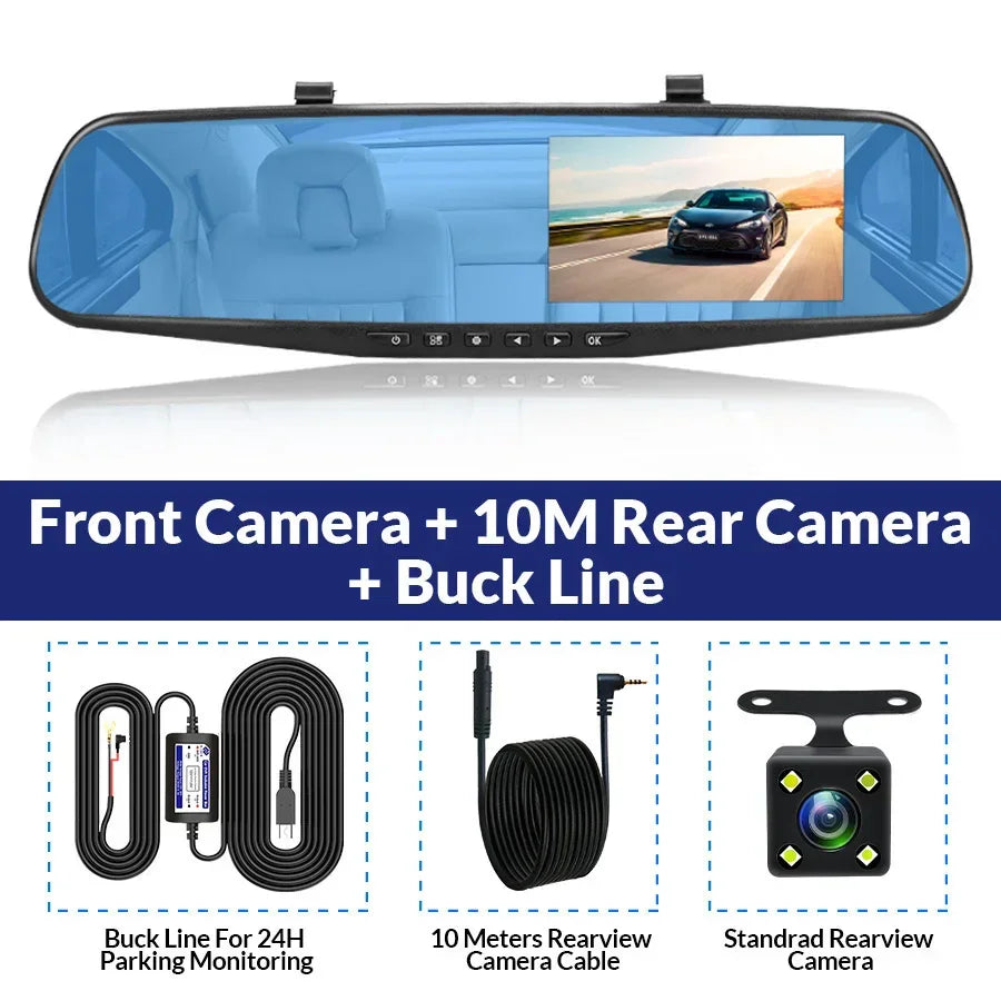 Dashcam 4.3Inch 1080P IPS Car DVR Driving Recorder Rearview Mirror Dual Lens Car Recorder Front and Rear Black Box - Evallys.com