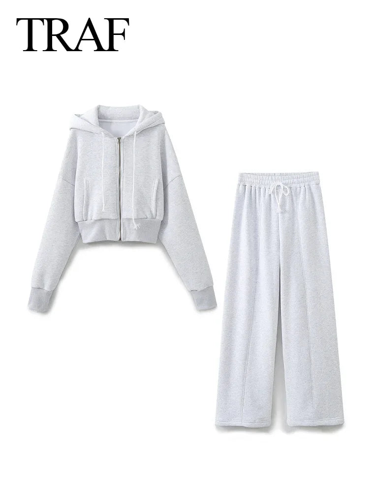 TRAF 2024 Spring Female Casual Hoodies Zipper Coats+Elastic Waist Baggy Pants 2 Pieces Set Elegant Loose Solid Pink Grey Pants - Evallys.com