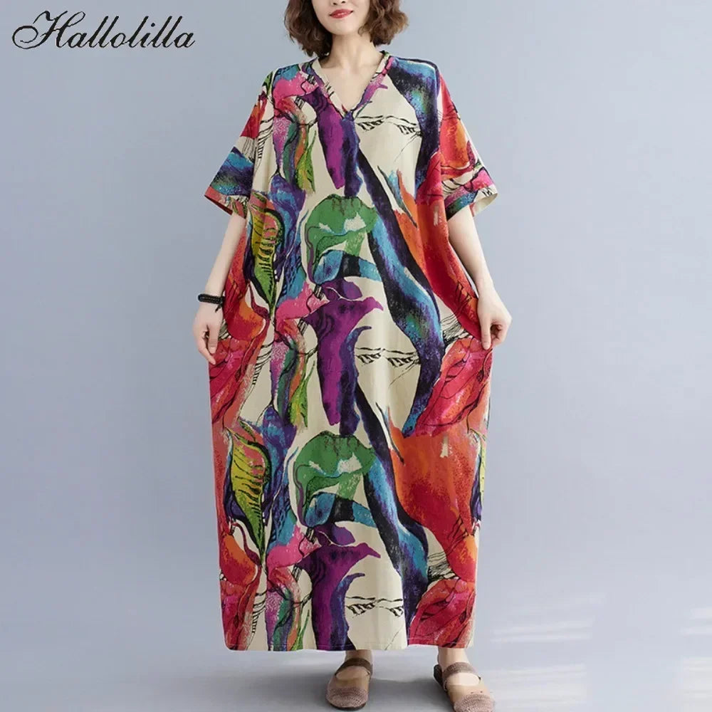 Vintage Cotton Summer Maxi Dress – Harajuku Floral Beachwear - Evallys.com