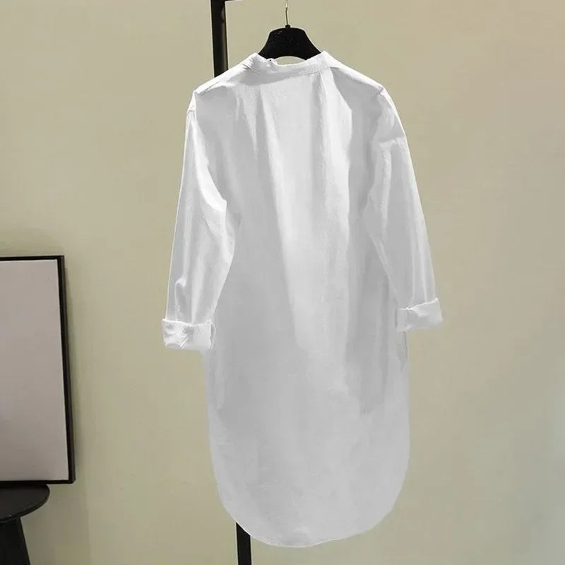 Elegant Cotton Linen Women’s Mid-Length Shirt – Casual Commuter Style - Evallys.com
