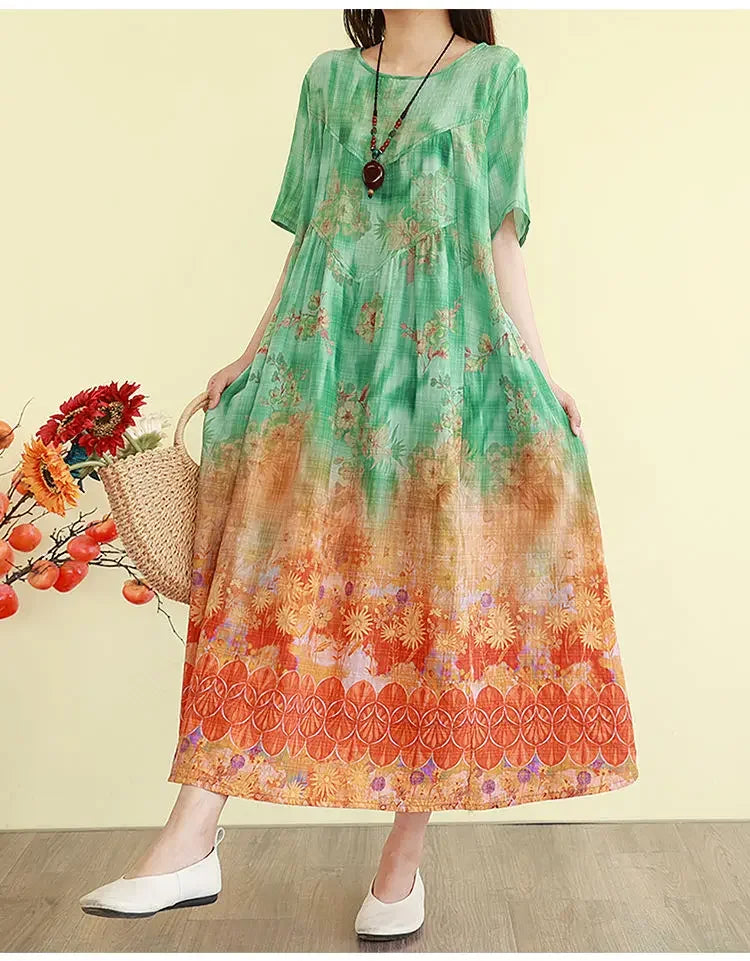 Retro Cotton Linen Dress – Summer Print Loose Long Maxi Dress - Evallys.com