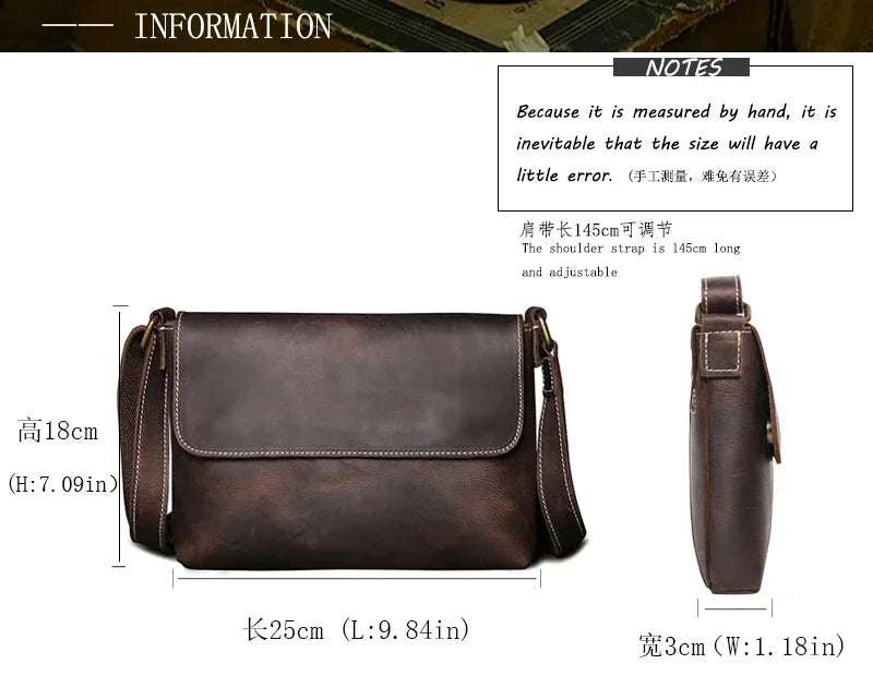 Crazy Horse Leather Men's Shoulder Bag Genuine Leather Small Bag Crossbody Cowhide Bag for Man High Quality Men Satchel Bags - Evallys.com
