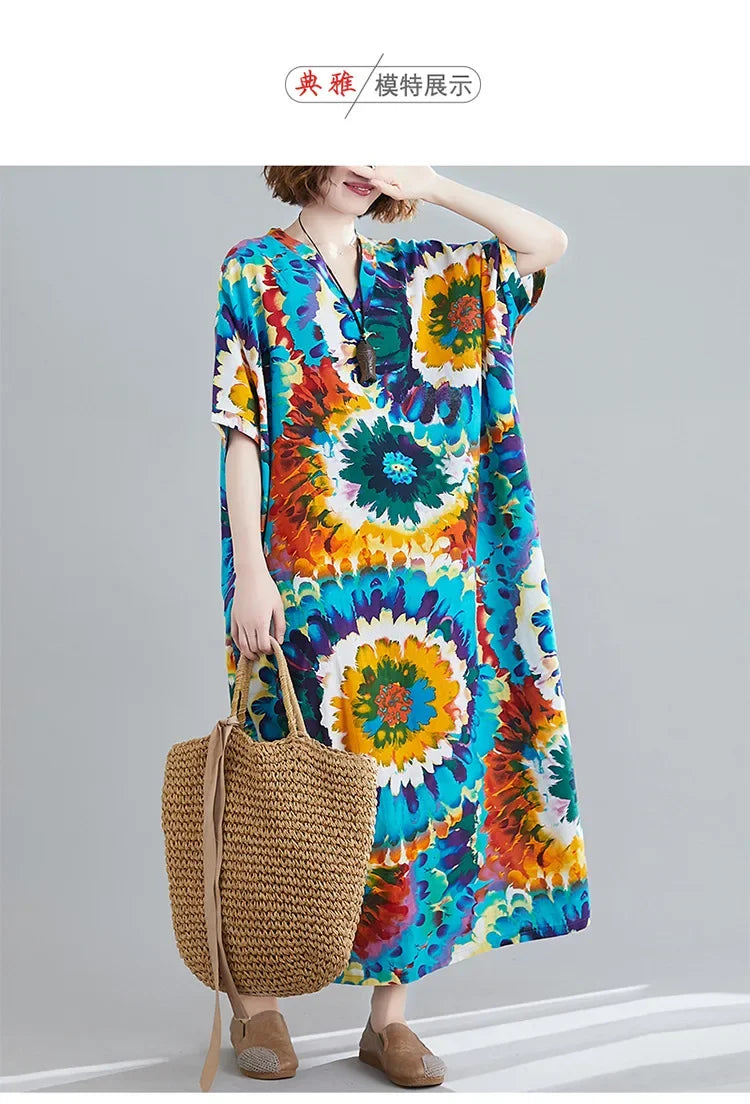 Boho Floral Maxi Dress – Cotton Linen V-Neck Summer Beach Wear - Evallys.com