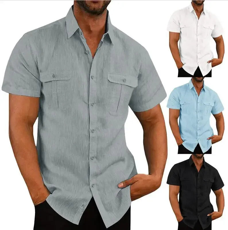 Cotton Linen Hot Sale Men Short-Sleeved Shirts Summer Solid Color Stand-Up Collar Casual Beach Style Plus SizeMale Shirts M-5XL - Evallys.com
