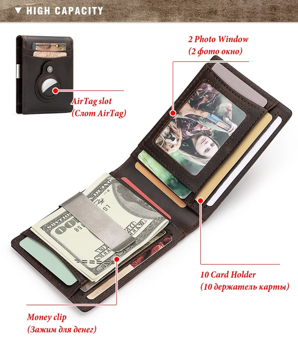 RFID Cowhide Leather Small Wallets AirTag high quality Man's Card Holders Short Wallets Money Clips Women - Evallys.com