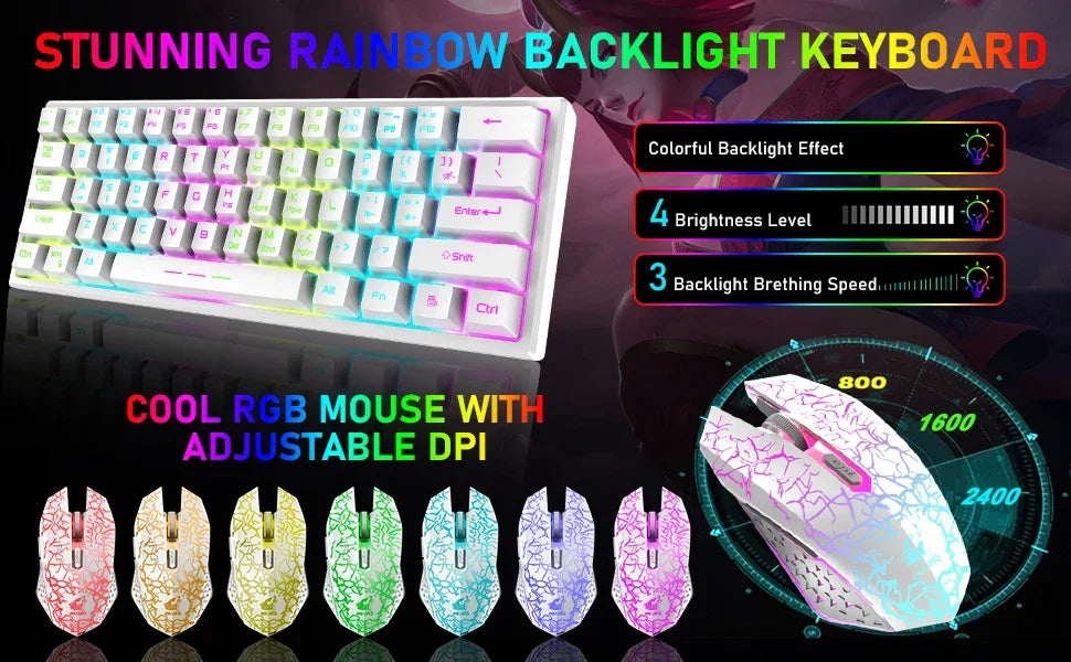 T61 Wireless Gaming Keyboard and Mouse Combo, Ergonomic 61 Key Rainbow LED Backlight Rechargeable 4000mAh Battery Mouse Pad - Evallys.com
