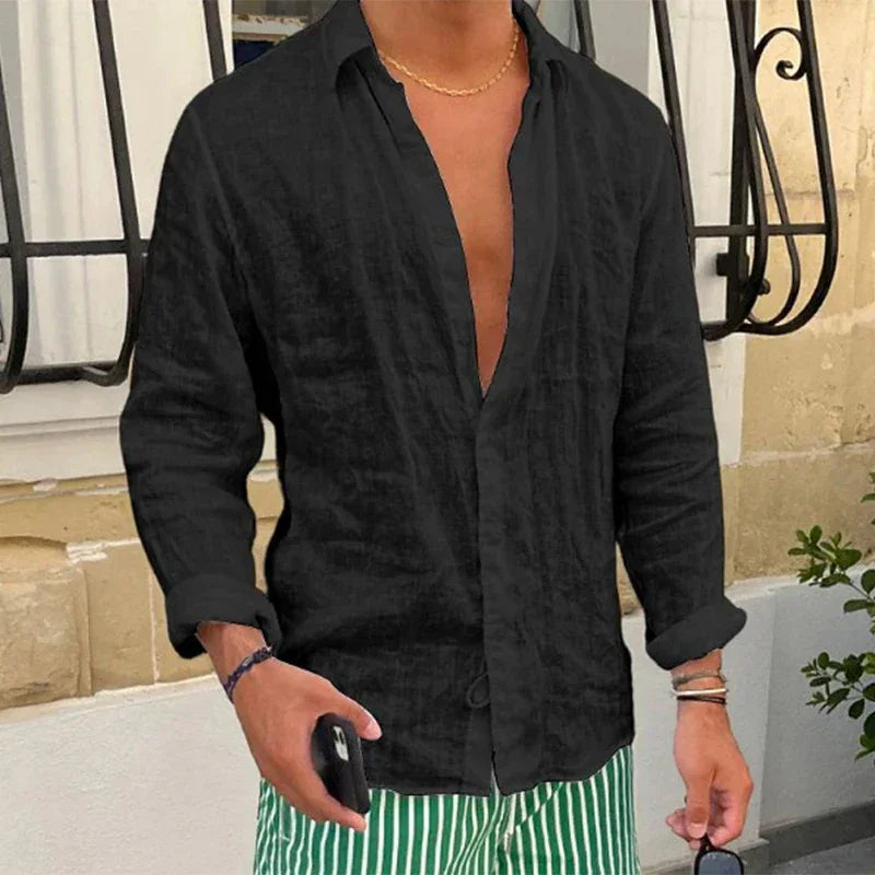 Spring New Casual Linen Shirts Mens Long Sleeve Button-up Turn-down Collar Shirt Seaside Beach Vintage Men Solid Color Cardigans - Evallys.com