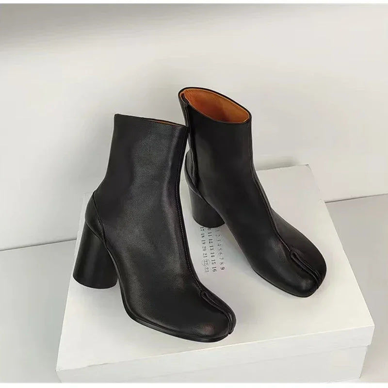 2024 Autumn Winter Soft Leather Split toe Tabi Women Ankle Boots Fashion Thick High heels Chunky Shoes Ins Style Short Booties - Evallys.com