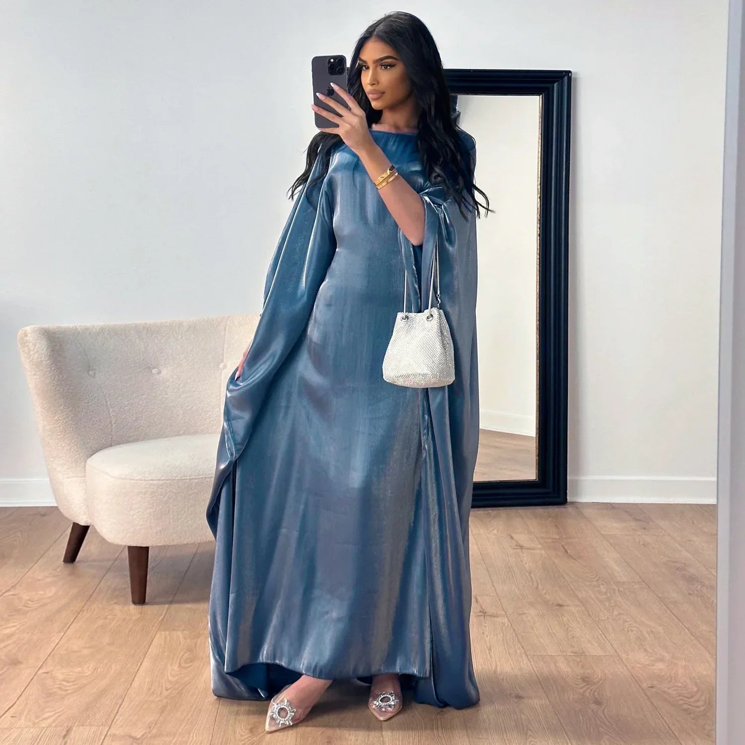 Eid Ramadan Batwing Butterfly Satin Abaya Dubai Luxury Muslim Kaftan Maxi Dress Women Kebaya Robe Caftan Marocain Femme Vestidos - Evallys.com