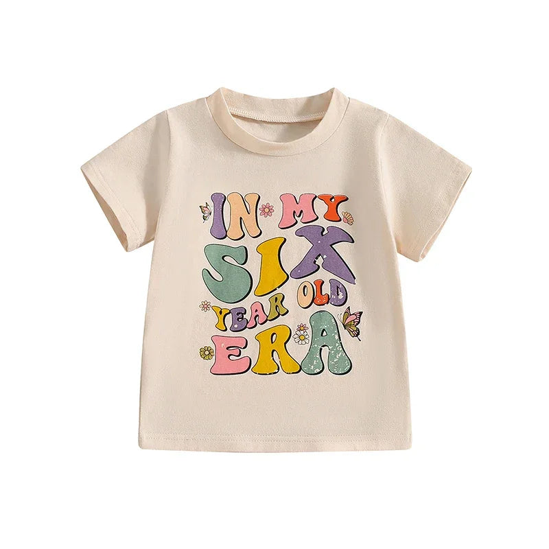 2024-04-05 Lioraitiin Summer Kids Girls Birthday T-Shirts Letter Print O-Neck Short Sleeve Birthday Shirts Casual Toddler Tops - Evallys.com