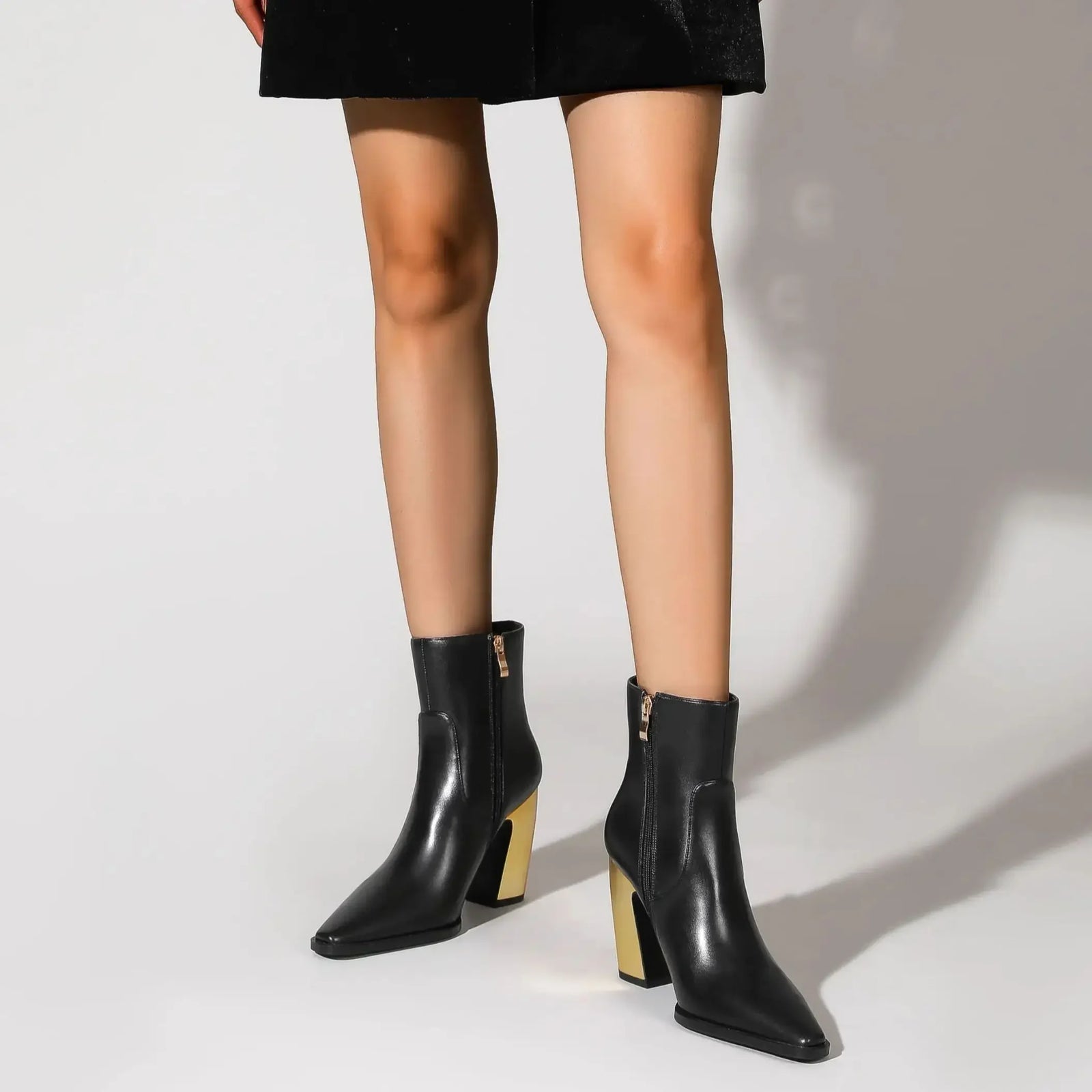 Booties for Women Wide Calf Gold Chunky Heel Elegant Dress Boots - Evallys.com