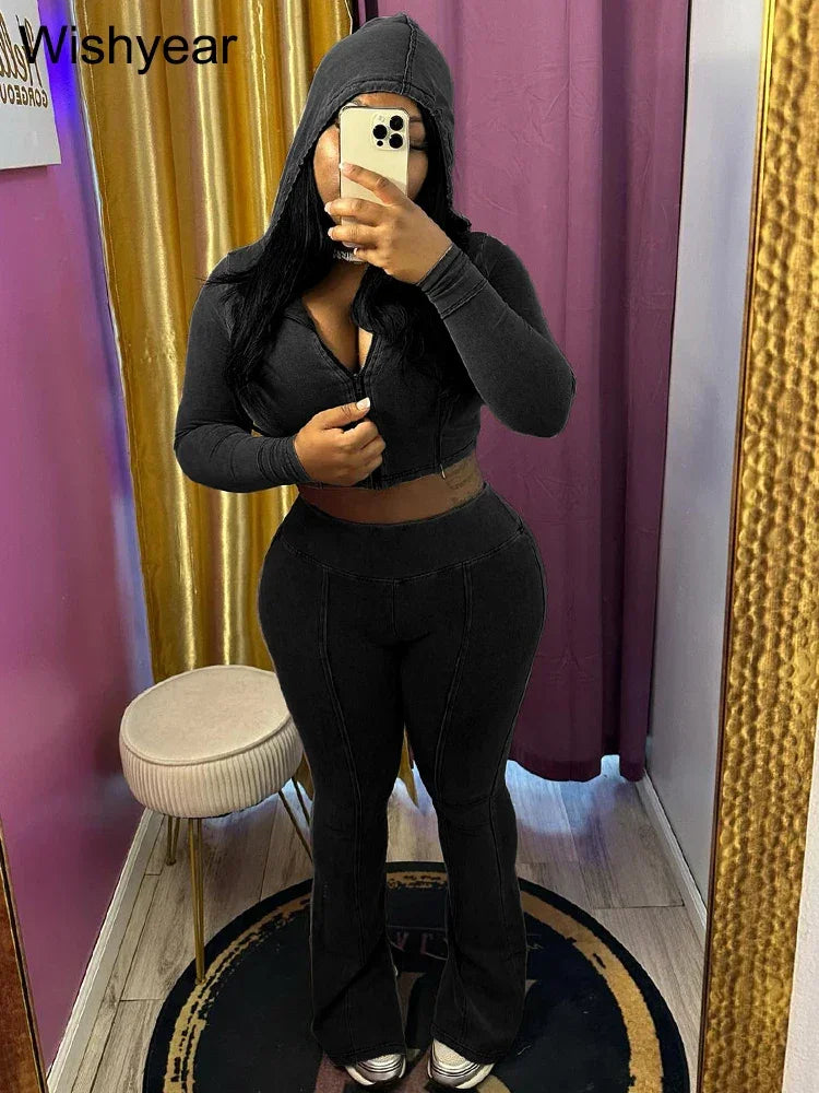 Sportswear Wash Retro Two 2 Piece Pants Set Sales Fall Winter Women Hoodies Jacket and Flared Trousers Suit Athletic Pink Outfit - Evallys.com