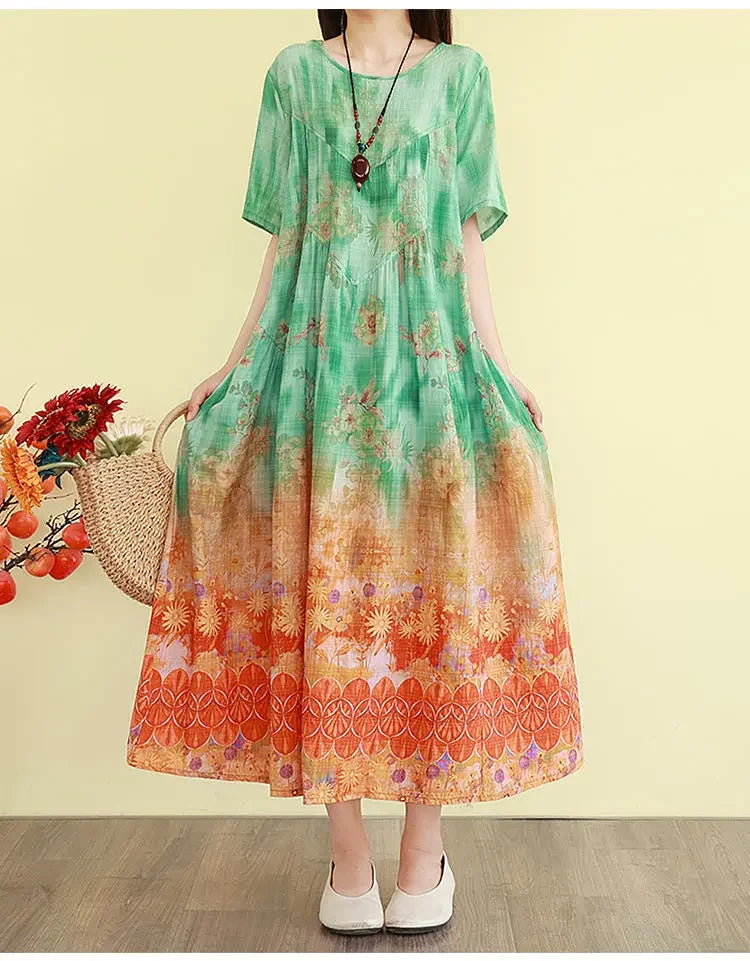 Retro Cotton Linen Dress – Summer Print Loose Long Maxi Dress - Evallys.com