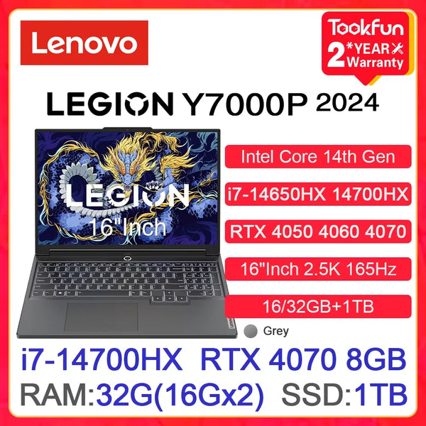 Lenovo LEGION Y7000P 2024 Gaming Laptop Intel i7-14650HX 14700HX NVIDIA RTX 4050 4060 4070 16"Inch 2.5K 165Hz Gamer PC Notebook