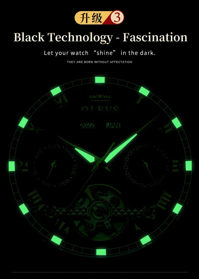 OLEVS Men's Watches Automatic Mechanical Business Wristwatch Waterproof Stainless Steel Strap Watch for Man Skeleton Calendar - Evallys.com