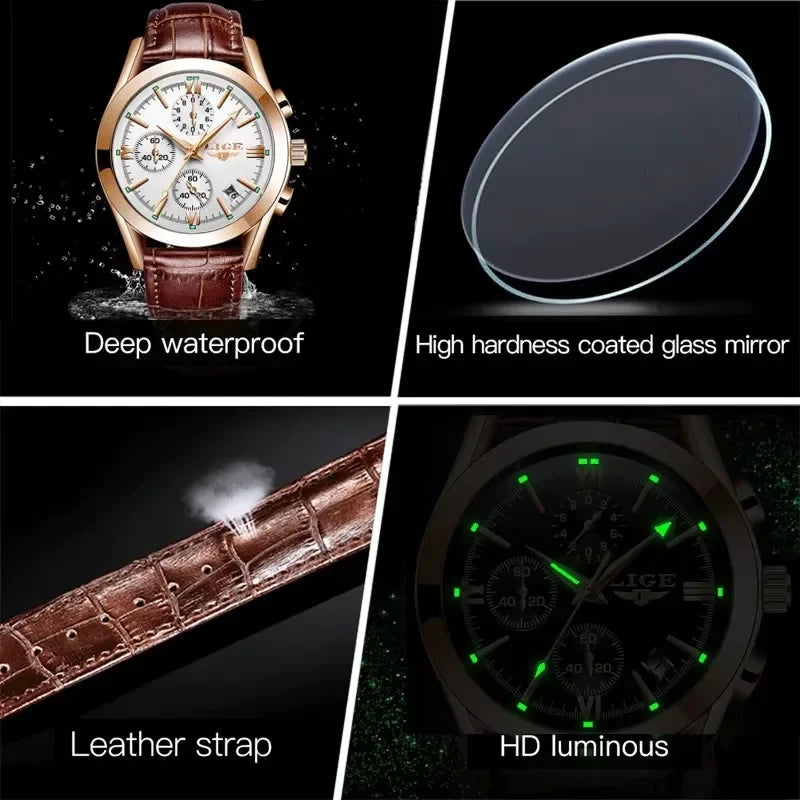 LIGE Men Watch Top Brand Luxury Waterproof Luminous Sport Wristwatch Quartz Military Genuine Leather Relogios Masculino+Box - Evallys.com