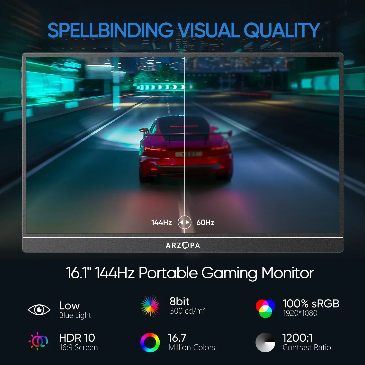 ARZOPA 16.1 inch 100% sRGB 144Hz Portable Monitor Gaming Laptop Display with Type C Mini HDMI For PS/Steam/Deck/Switch/PC/Mac - Evallys.com
