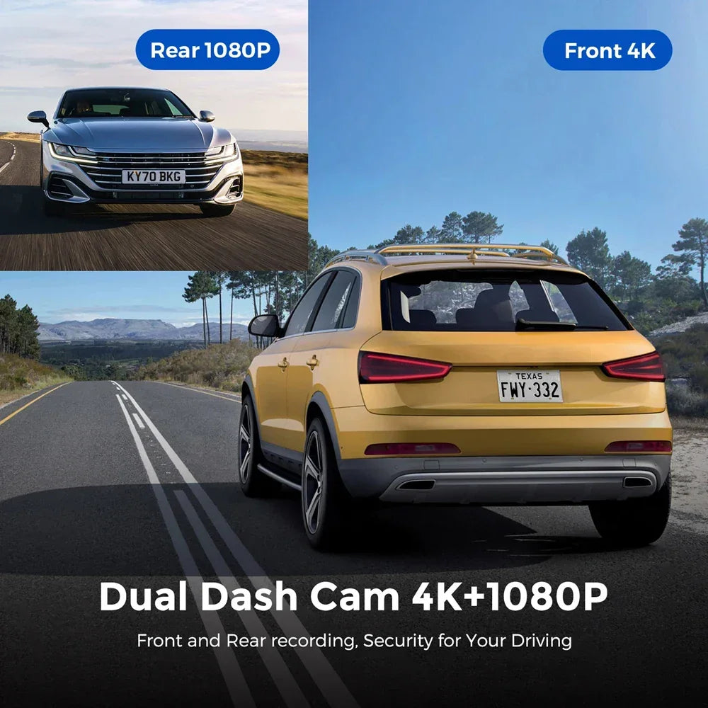 UHD 4K Dash Cam Dual Lens Driving Recorder Car DVR 1080P Rear Lens Camera Built-In WiFi GPS 24-Hour Parking Monitoring Black Box - Evallys.com