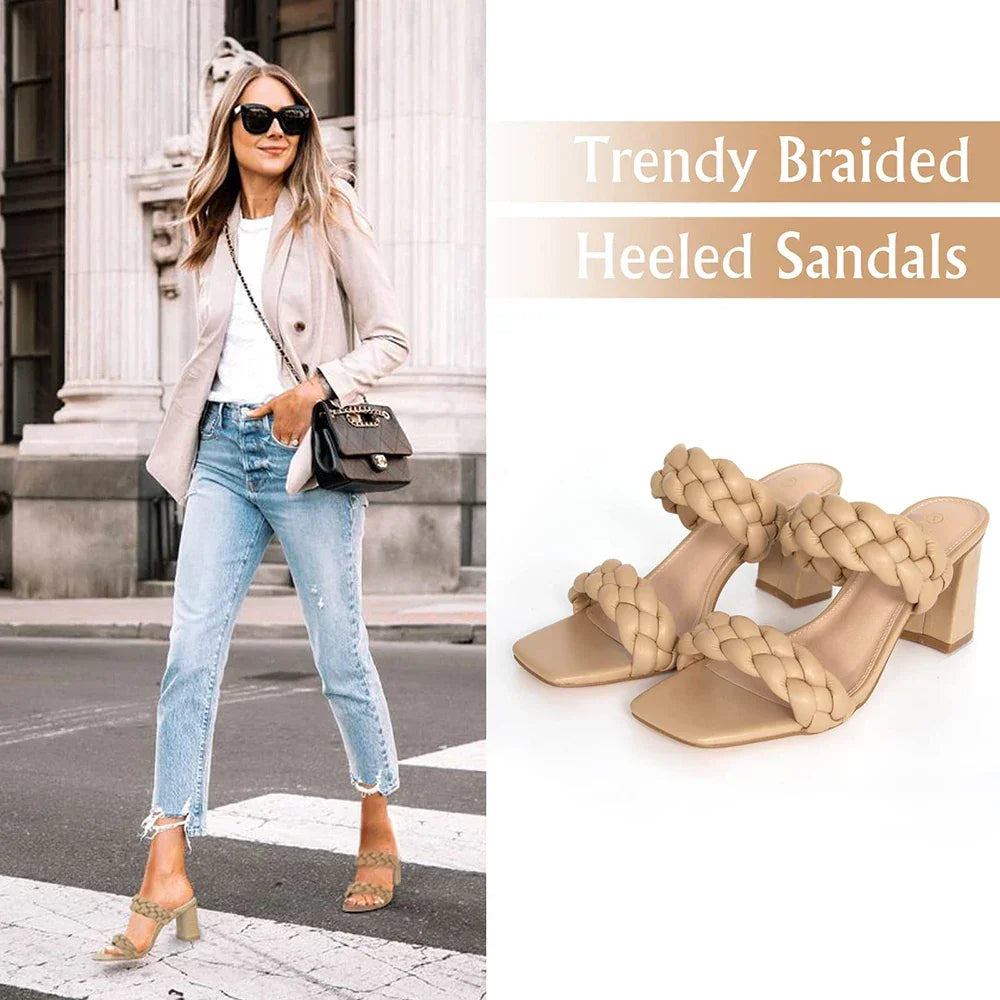 Elegant Women's Braided Heels Sandalias Fashion Strappy Square Sandals Open Toe Backless Mules Slip On Block Heeled Shoes - Evallys.com