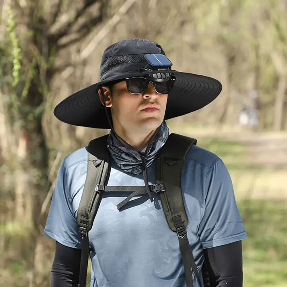Solar Powered UV Protection Hat – Fan Cooling Wide Brim Cap - Evallys.com