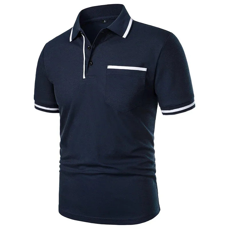 New Men's Short Sleeve Polo Shirts Solid Color Casual T-shirt Summer Trendy Breathable Loose Basic Splice Top Pockets Men Shirts - Evallys.com