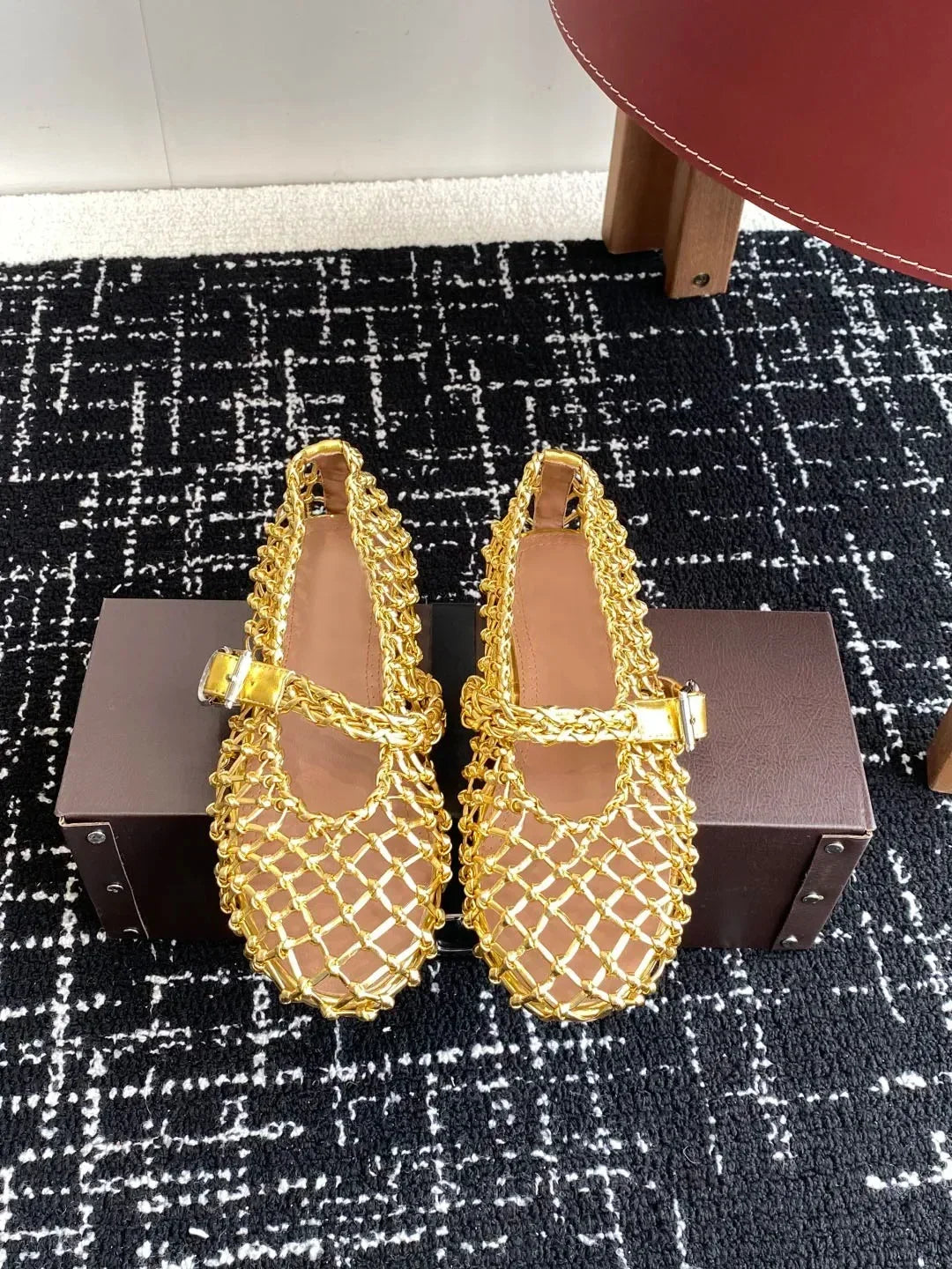 Women’s Metallic Leather Ballet Flats – Woven Mary Janes with Buckle Strap - Evallys.com