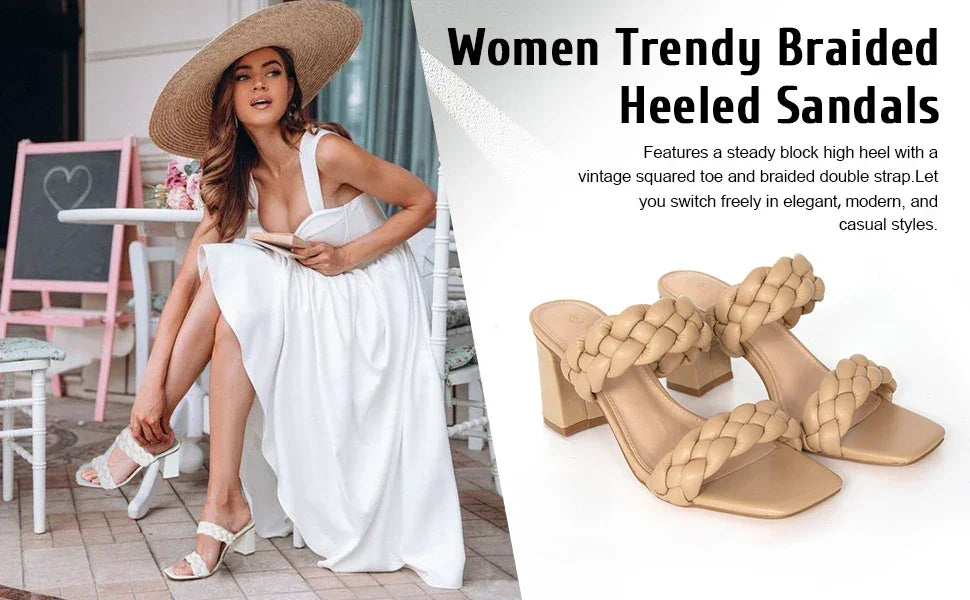 Elegant Women's Braided Heels Sandalias Fashion Strappy Square Sandals Open Toe Backless Mules Slip On Block Heeled Shoes - Evallys.com