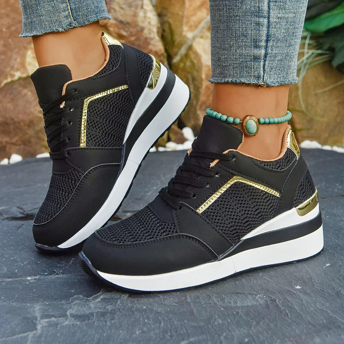 Women’s Rhinestone Sneakers – Fashion Lace-Up, Thick Sole & Non-Slip - Evallys.com